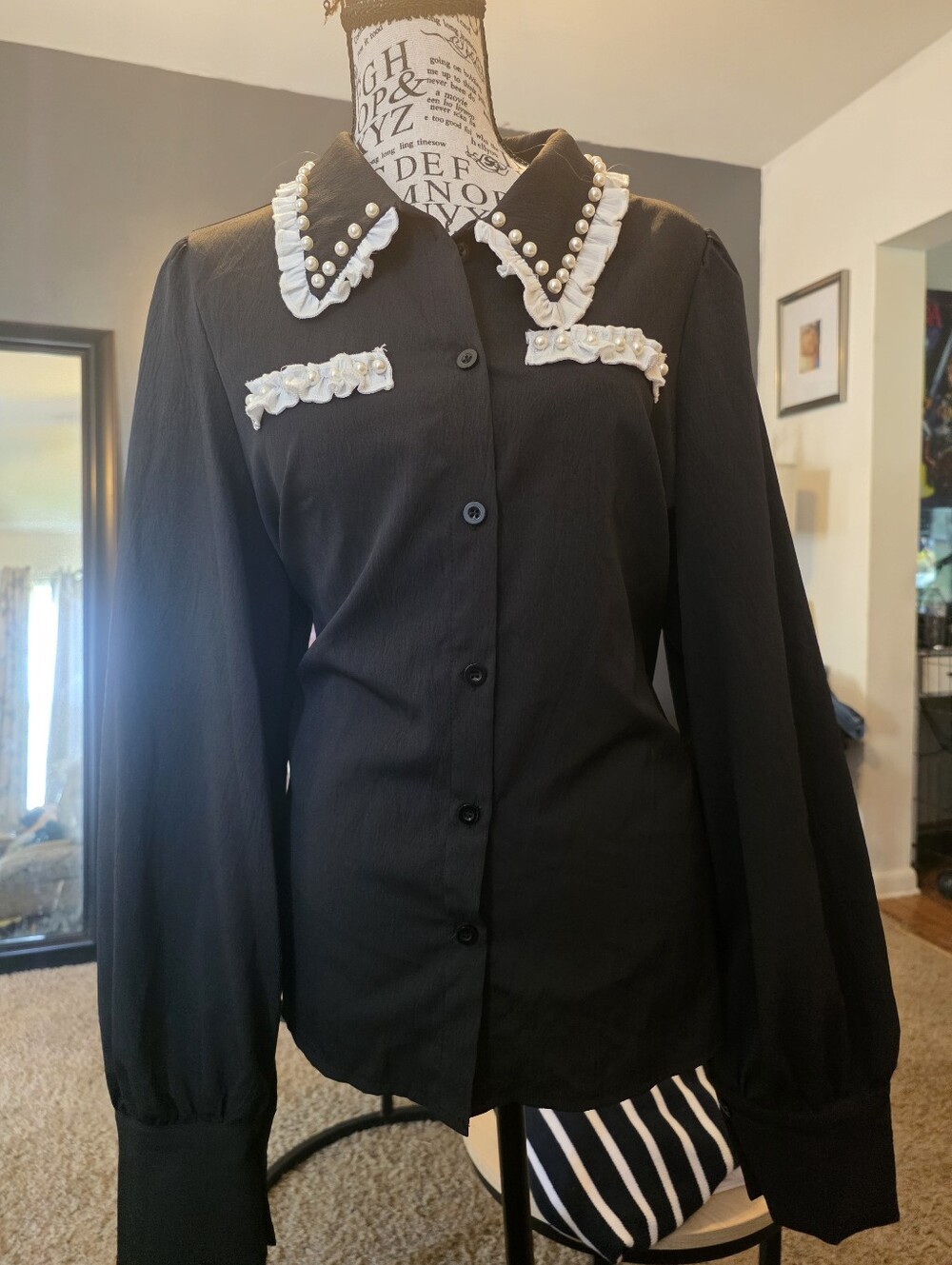 Black Button-Up Blouse with White Pearl Trim
